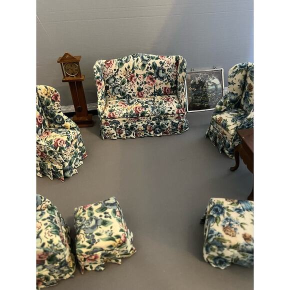 Dollhouse Furniture Living Room 10 pc Loveseat ARm Chair End Table stool Clock - Picture 2 of 11